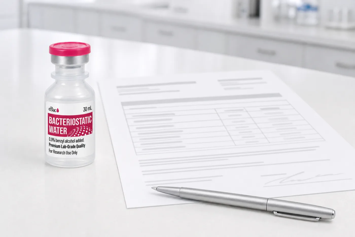 A sealed 30 mL bacteriostatic water vial beside a printed laboratory certificate and a pen on a white bench