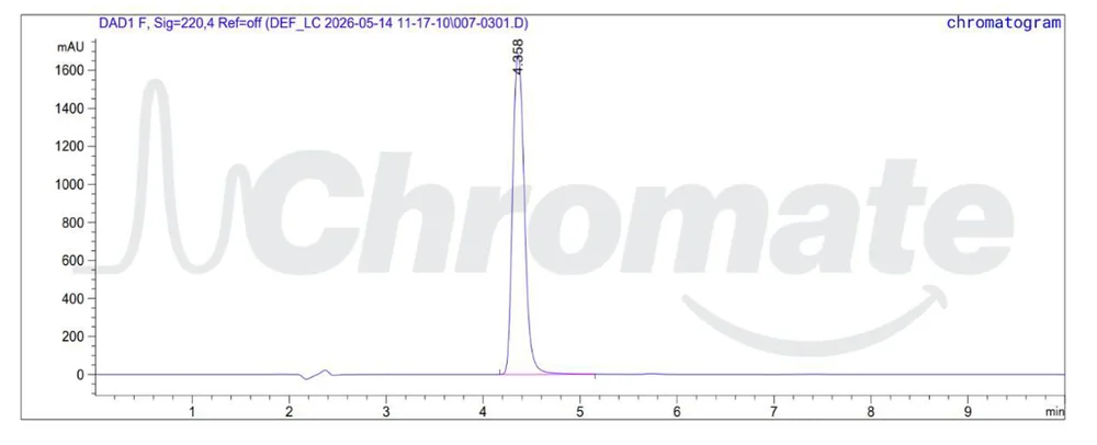 RP-HPLC chromatogram from the Chromate certificate for lot EB61901, showing the benzyl alcohol peak at 4.358 minutes