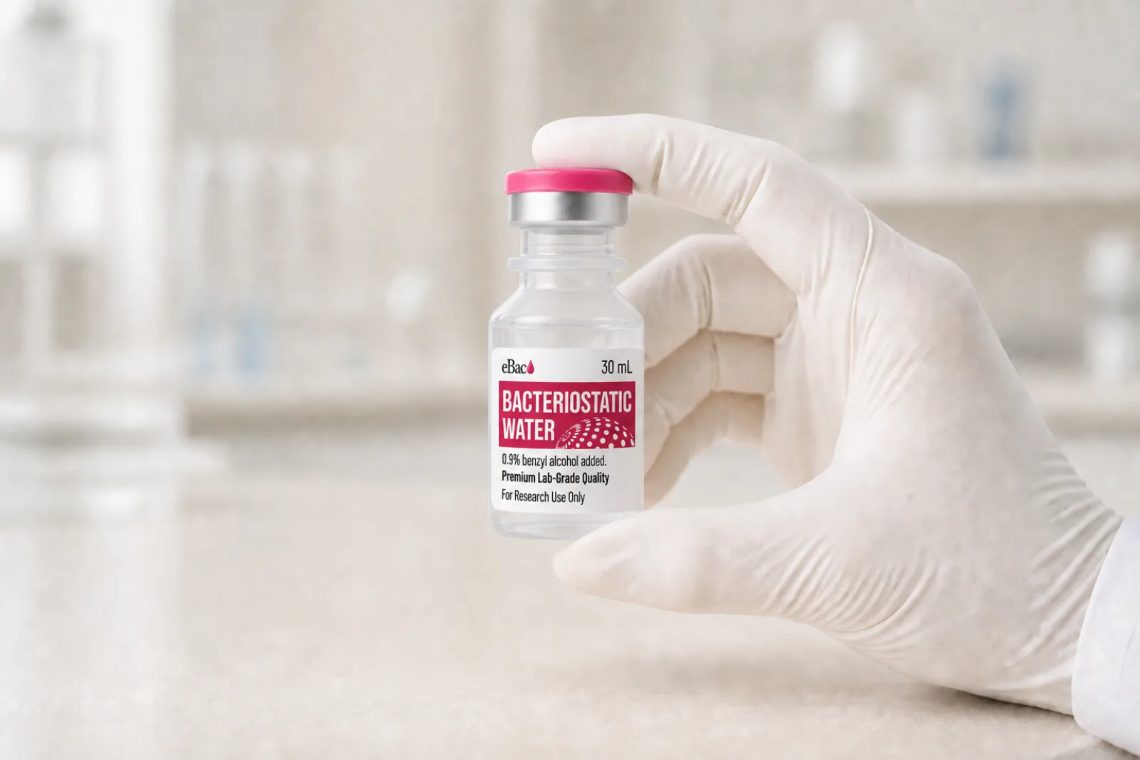 Gloved hand holding a sealed 30 mL bacteriostatic water vial above a laboratory bench