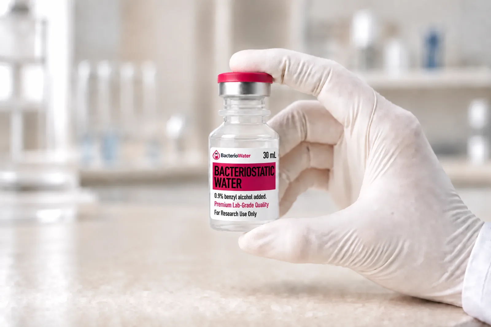 Gloved hand holding a 30 mL BacterioWater vial at a laboratory bench